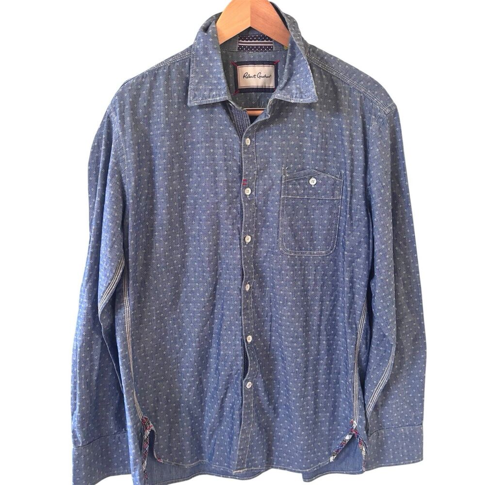 Robert Graham Mens Dress Shirt L Long Sleeve Blue Office Art‎ Designer Preppy